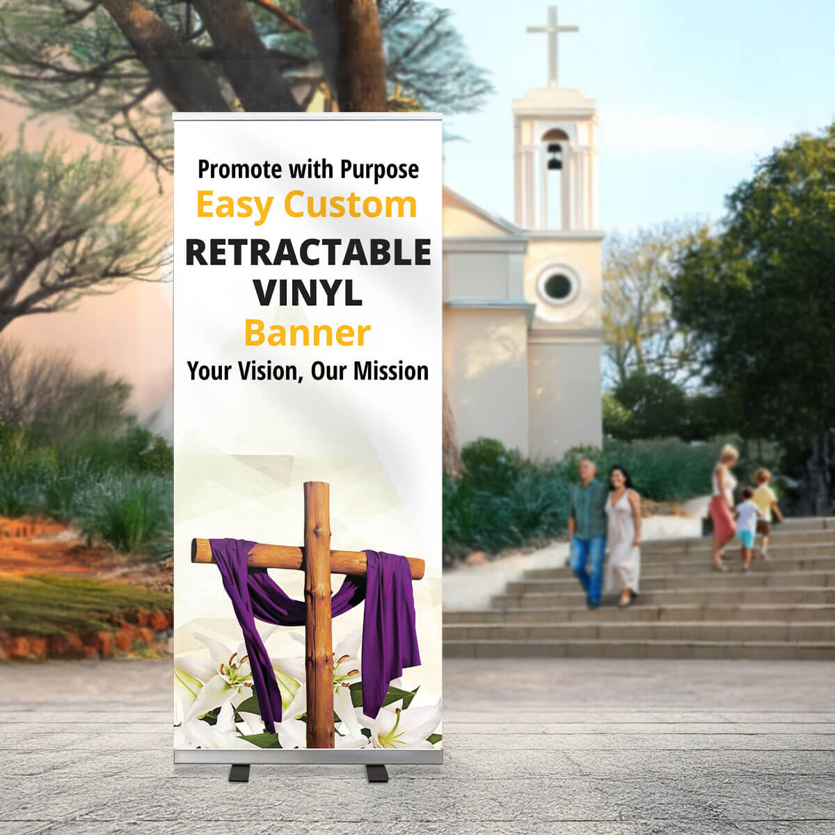 Outdoor church banner in an outdoor setting