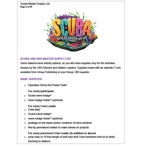 Scuba VBS Master Supply List